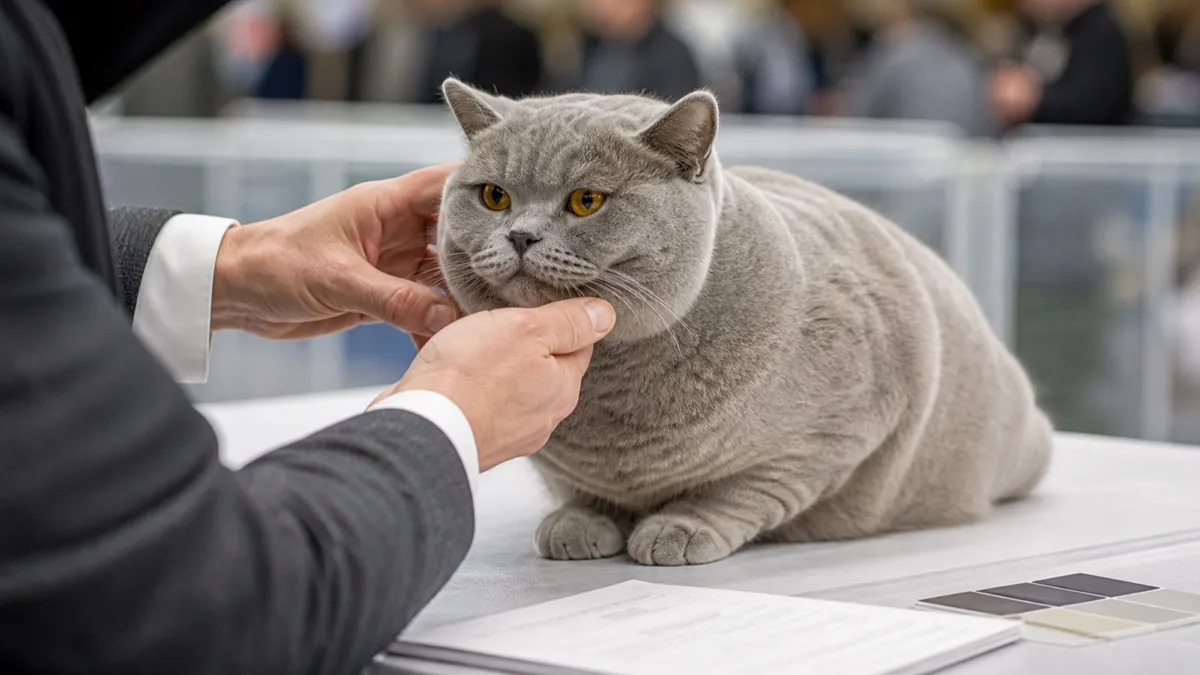 British Shorthair lilas examiné avec attention sur une table de jugement