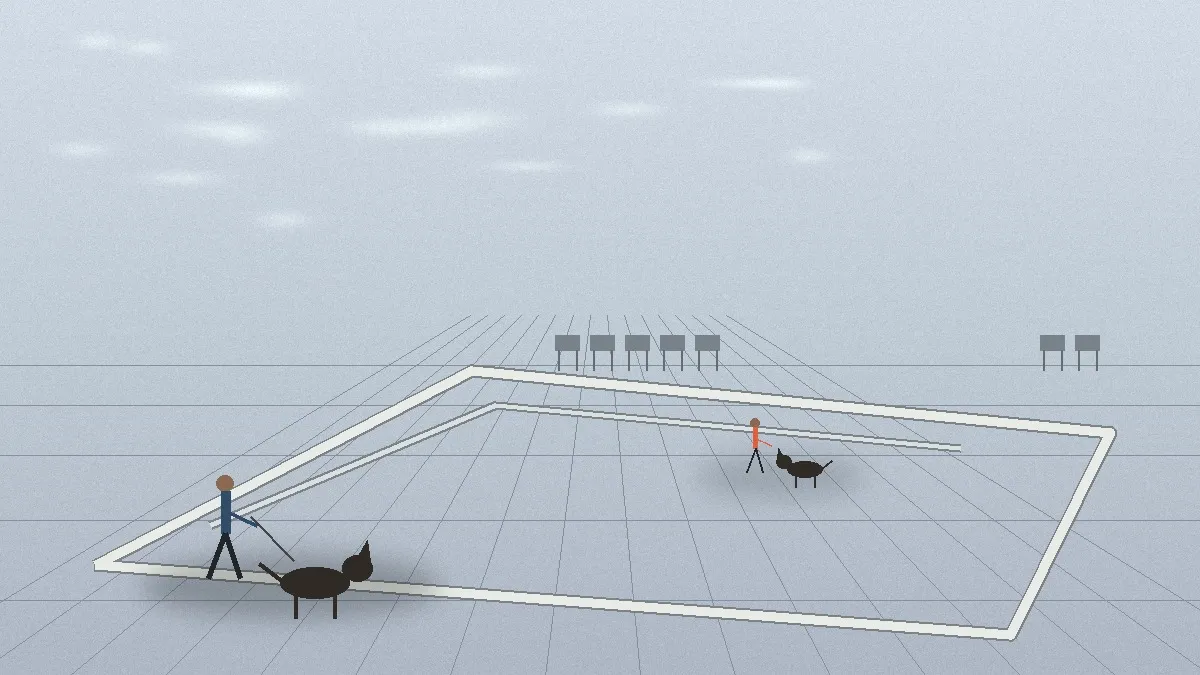 Illustration éditoriale : une grande classe d'exposition canine presque vide, avec deux exposants éloignés.
