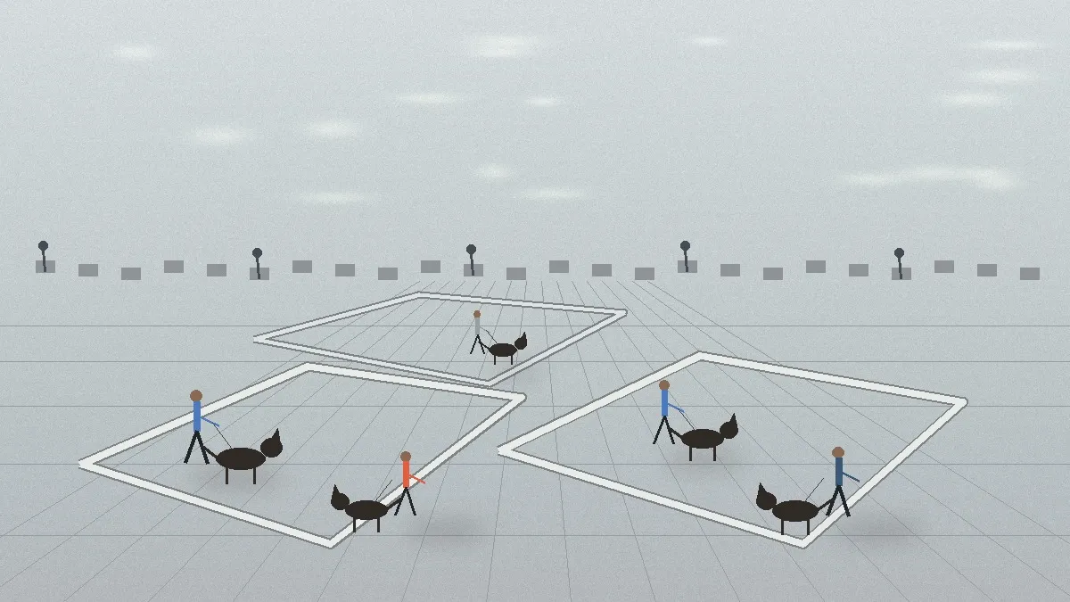 Illustration éditoriale : plusieurs rings d'exposition canine dans un hall, avec des exposants plus espacés.