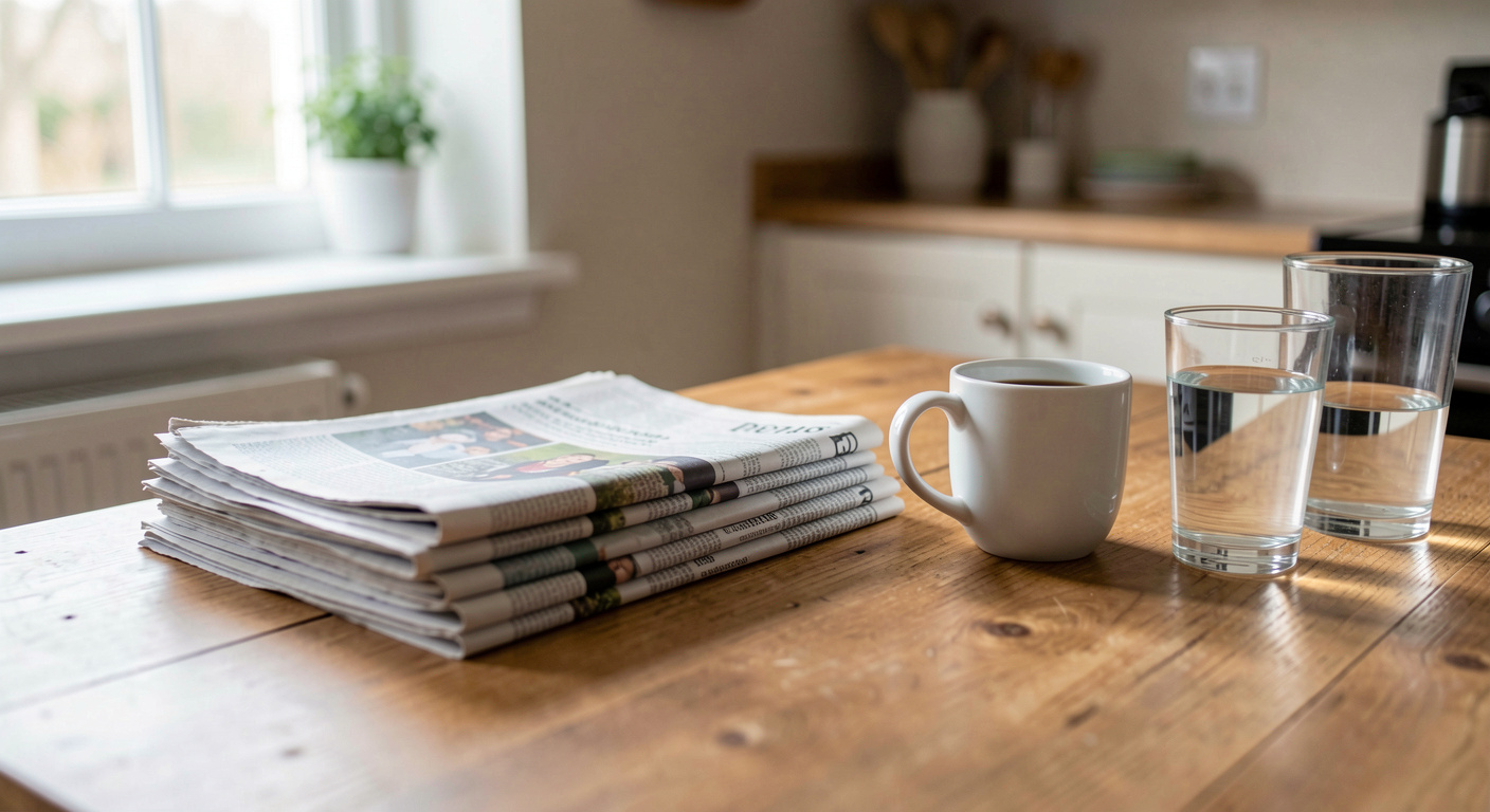 Une table de cuisine en bois avec plusieurs journaux empilés, une tasse de café et deux verres posés à côté, lumière du matin venant d'une fenêtre latérale, cadrage serré à hauteur de table.