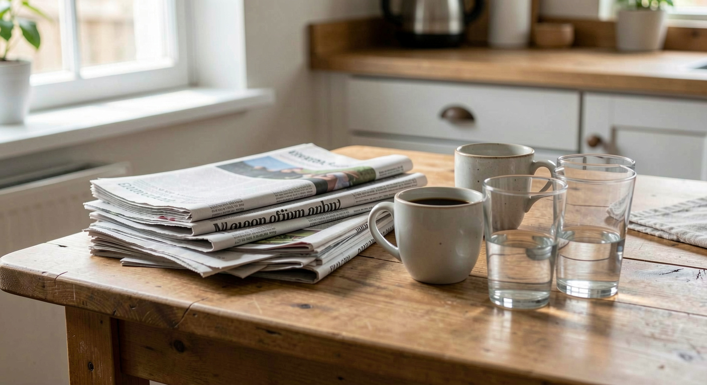 Une table de cuisine en bois avec plusieurs journaux empilés, une tasse de café et deux verres posés à côté, lumière naturelle du matin venant d'une fenêtre latérale, cadrage rapproché à hauteur de table.